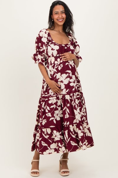 PinkBlush Burgundy Floral Short Sleeve Square Neck Tiered Maternity Maxi Dress