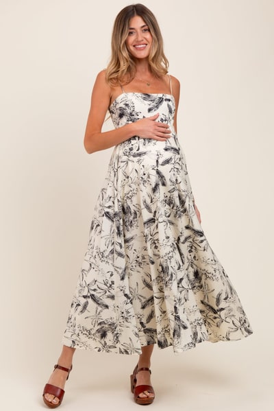 PinkBlush Cream Spaghetti Strap Printed A-Line Maternity Midi Dress