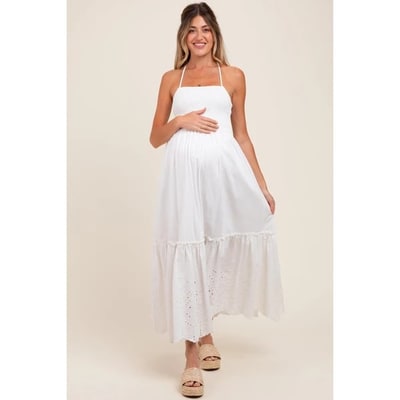 Target Pinkblush White Smocked Open Back Lace Hem Maternity Maxi Dress Large