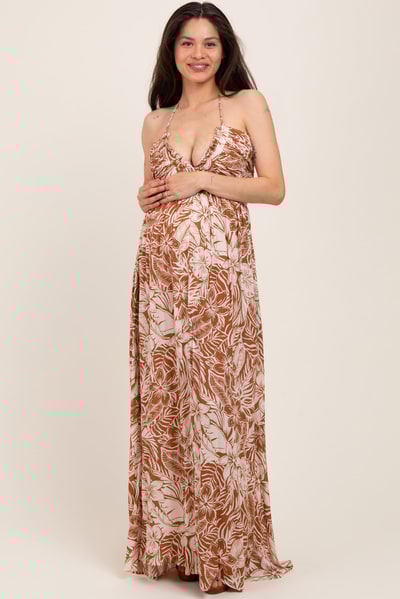 PinkBlush Taupe Floral Ruched V-Neck Halter Maternity Maxi Dress