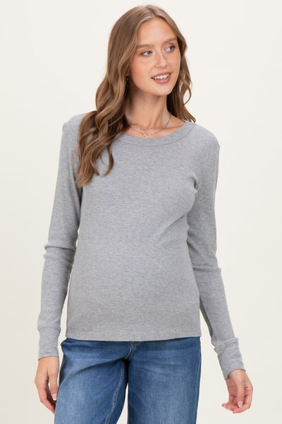 PinkBlush Heather Grey Ribbed Basic Maternity Long Sleeve Top