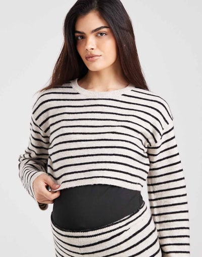 ASOS Mamalicious Maternity knitted long sleeve cropped sweater and wide leg over the bump pants set in black and cream strip