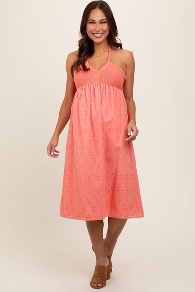 PinkBlush Coral Eyelet Crochet Halter Maternity Dress