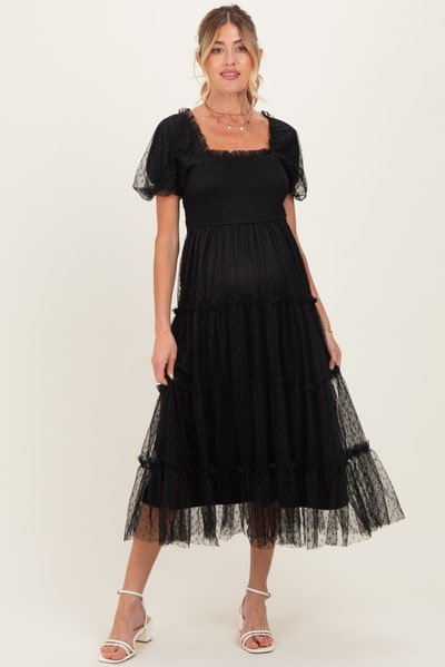 PinkBlush Black Tulle Puff Sleeve Smocked Maternity Midi Dress