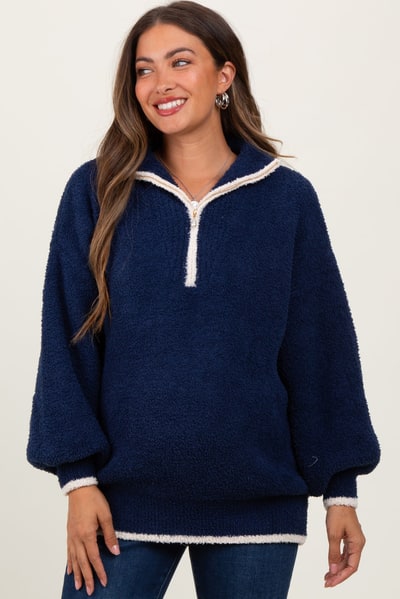 PinkBlush Navy Soft Fuzzy Knit Quarter Zip Maternity Pullover Sweater