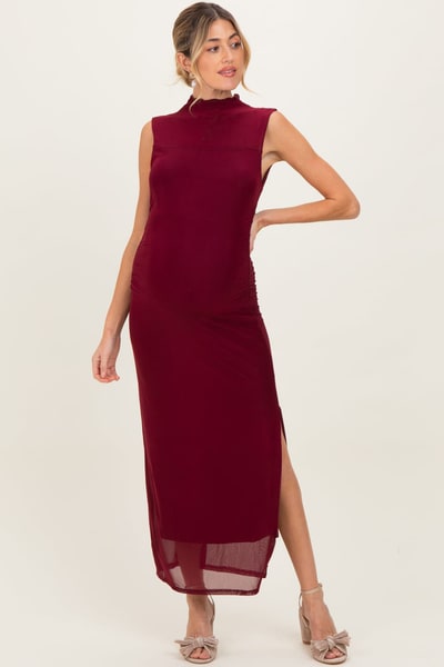PinkBlush Burgundy Mock Neck Ruched Mesh Maternity Midi Dress