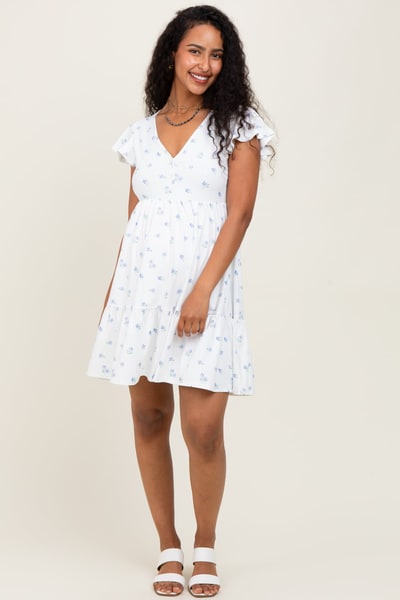 PinkBlush White Ruffle Sleeve Tiered Floral Knit Rib Maternity Mini Dress