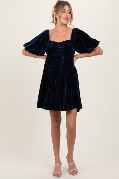PinkBlush Navy Crushed Velvet Puff Sleeve Maternity Mini Dress