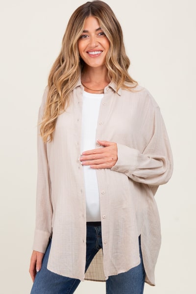 PinkBlush Light Beige Lightweight Sheer Button Down Maternity Blouse