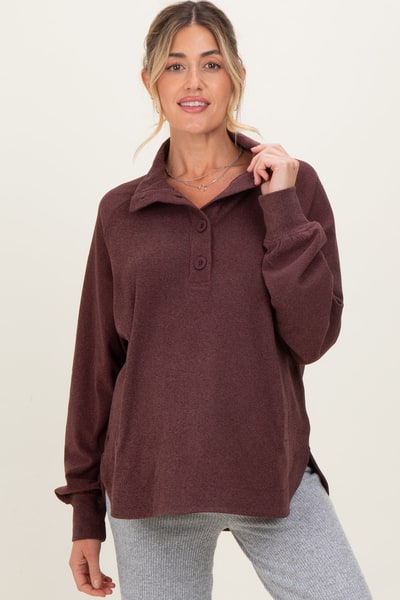 PinkBlush Burgundy Brushed Knit Button Collar Maternity Pullover
