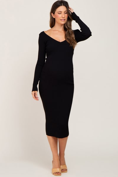 PinkBlush Black Knit Ribbed Maternity Midi Dress