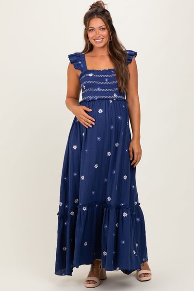 PinkBlush Royal Blue Floral Embroidered Smocked Maternity Maxi Dress
