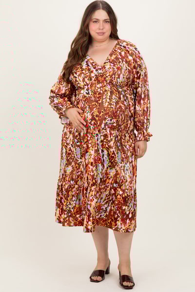 PinkBlush Mocha Multi Color Satin V-Neck Long Sleeve Plus Maternity Maxi Dress