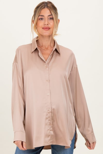 PinkBlush Taupe Long Sleeve Oversized Satin Maternity Shirt