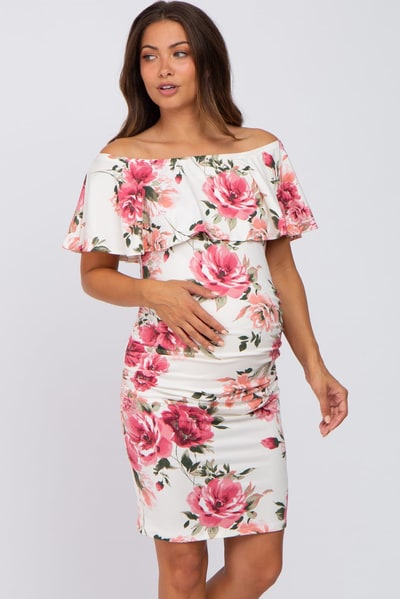 PinkBlush Cream Floral Off Shoulder Maternity Fitted Dress