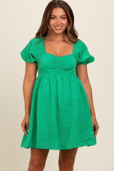 PinkBlush Green Textured Puff Sleeve Sweetheart Neckline Maternity Dress