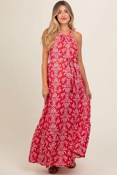 PinkBlush Red Paisley Halter Cross Back Maternity Maxi Dress