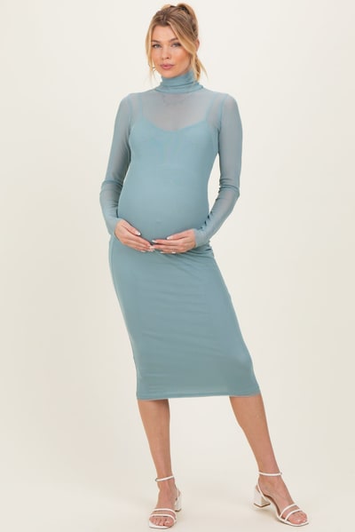 PinkBlush Jade Mesh Overlay Fitted Maternity Midi Dress