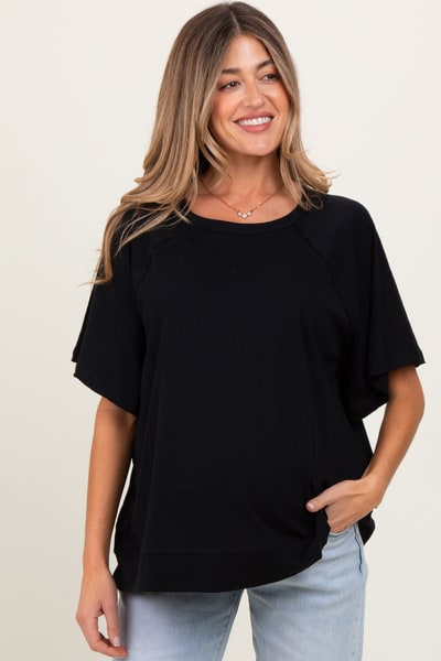 PinkBlush Black Oversized Raw Hem Short Sleeve Maternity Tee