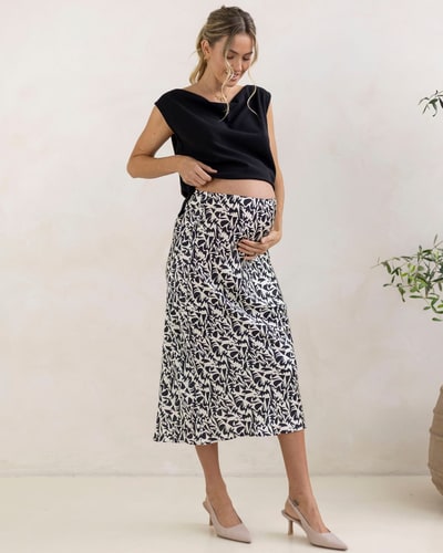 Angel Maternity Satin Maternity Midi Skirt in Abstract Print