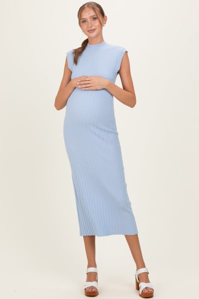 PinkBlush Sky Blue Ribbed Knit Mock Neck Maternity Maxi Dress