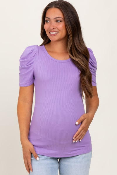 PinkBlush Lavender Ribbed Ruched Short Sleeve Maternity Top