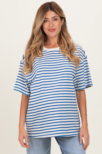 PinkBlush Blue Striped Short Sleeve Crew Neck Oversized Cotton Maternity Top