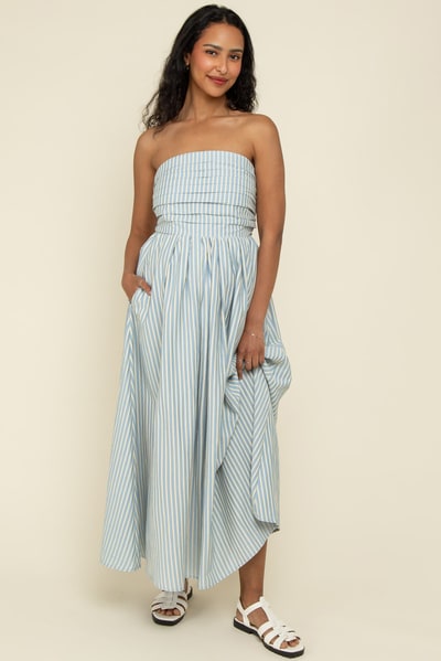 PinkBlush Light Blue Striped Strapless Maternity Maxi Dress
