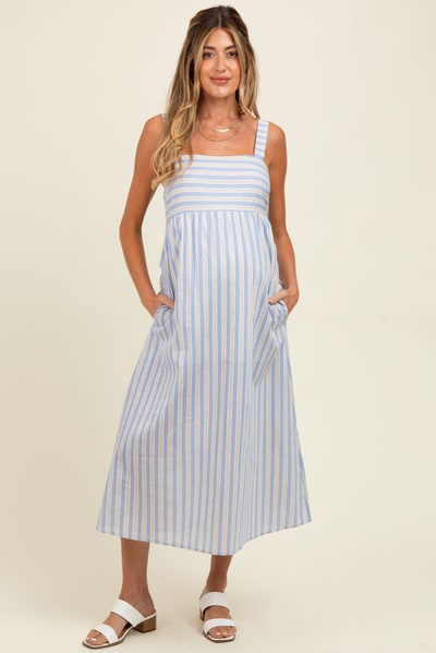 PinkBlush Blue Striped Sleeveless Maternity Midi Dress