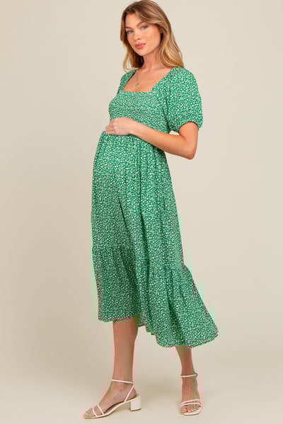 PinkBlush Green Floral Smocked Ruffle Hem Maternity Midi Dress
