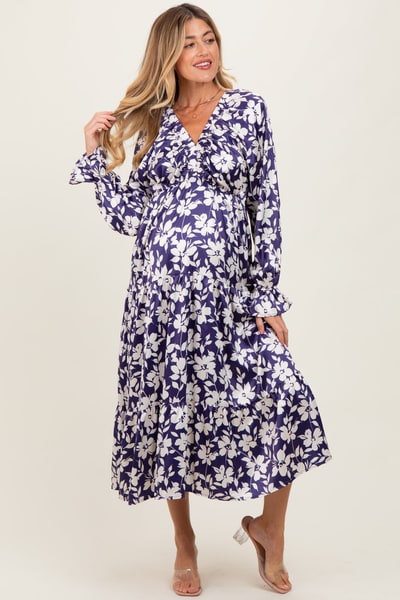 PinkBlush Navy Floral Tiered Ruched V-Neck Satin Maternity Maxi Dress