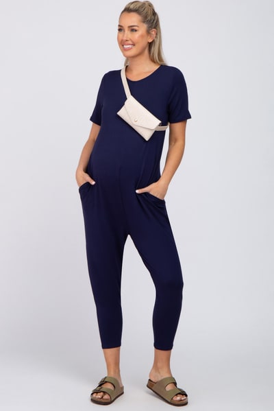 PinkBlush Navy Blue Basic Short Sleeve Maternity Jumpsuit