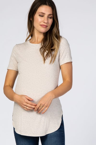 PinkBlush Beige Ribbed Round Hem Maternity Top