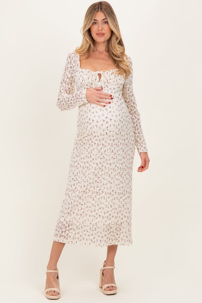 PinkBlush Cream Floral Sweetheart Neckline Long Sleeve Maternity Maxi Dress