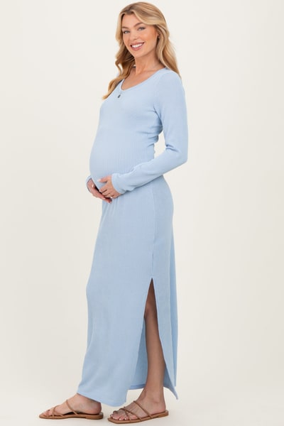 PinkBlush Light Blue Ribbed Long Sleeve Side Slit Maternity Maxi Dress