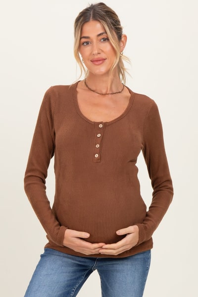 PinkBlush Brown Solid Ribbed Brushed Long Sleeve Button Down Round Neck Maternity Top