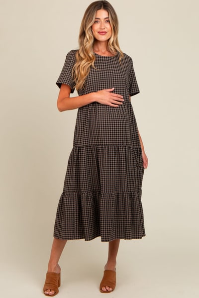 PinkBlush Black Gingham Tiered Maternity Midi Dress