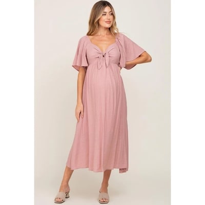 Target Pinkblush Mauve Front Tie Ruffle Sleeve Maternity Midi Dress Small