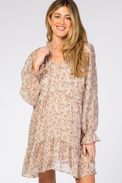 PinkBlush Cream Floral Chiffon Ruffle Hem Maternity Dress