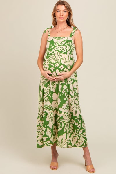 PinkBlush Green Tropical Floral Shoulder Tie Tiered Maternity Midi Dress