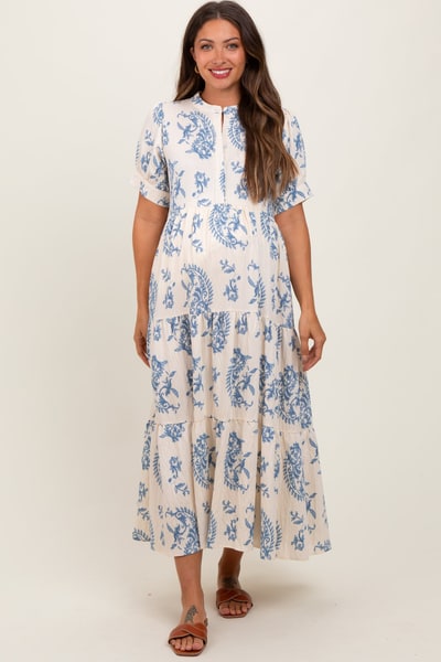 PinkBlush Blue Paisley Button Up Tiered Maternity Maxi Dress