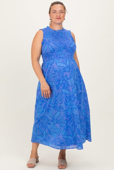 PinkBlush Royal Blue Floral Smocked Sleeveless Maternity Plus Midi Dress