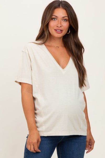 PinkBlush Cream Raw Edge V-Neck Short Sleeve Maternity T-Shirt