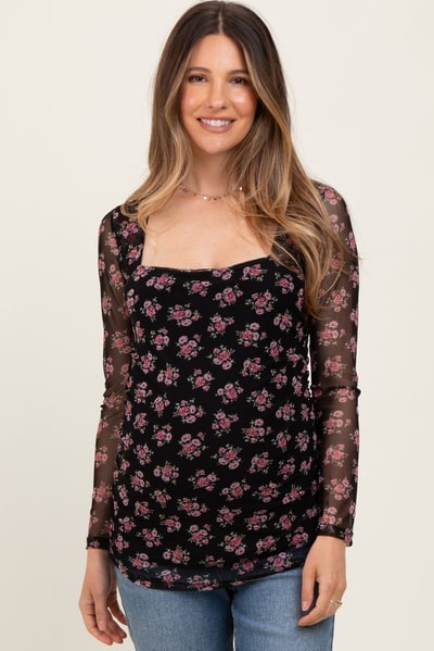 PinkBlush Black Square Neck Sheer Sleeve Maternity Floral Top