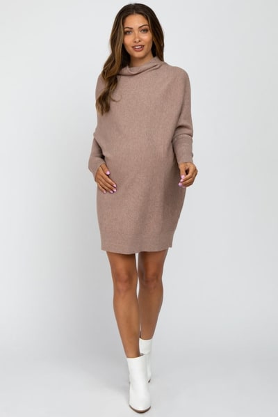 PinkBlush Taupe Funnel Neck Dolman Sleeve Maternity Mini Dress