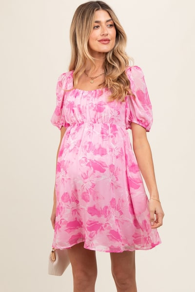 PinkBlush Pink Floral Puff Sleeve Maternity Mini Dress