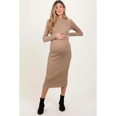 Target Pinkblush Light Taupe Mock Neck Fitted Ribbed Knit Maternity Midi Dress Large