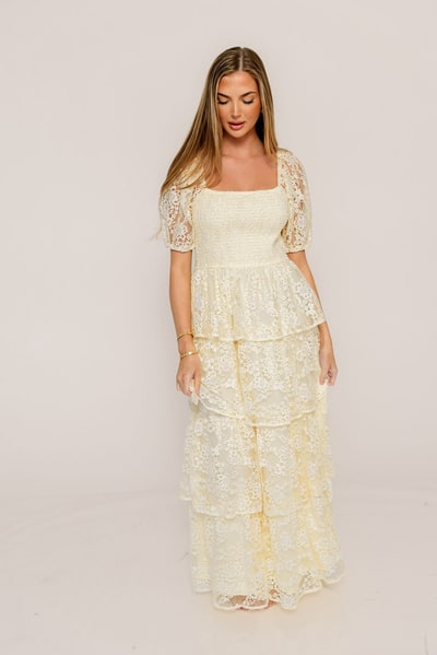 Worth Collective Athena Lace Tiered Smocked Maxi Dress in Butter Cream - Bump Friendly