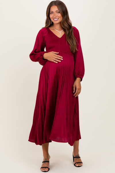 PinkBlush Burgundy Satin Smocked Pleated Maternity Midi Dress