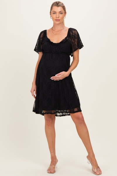 PinkBlush Black Floral Lace Square Neck Ruffle Trim Maternity Maxi Dress